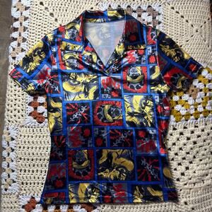 80s/90s Comic strip print satin collared shirt